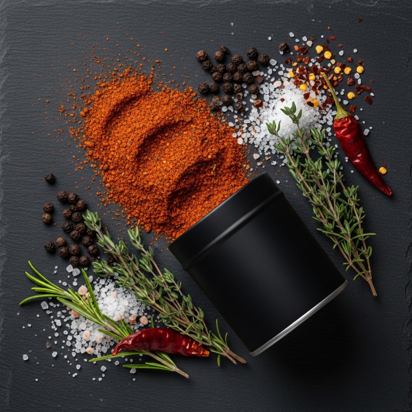 Top-down flat lay of Ankerbusch tin with spices and herbs